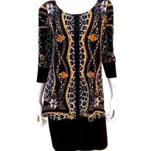 Eva Varro Vintage dress, leopard print with “chain” accents , black/gold, size S